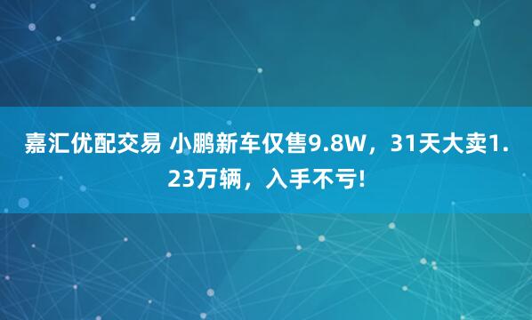 嘉汇优配交易 小鹏新车仅售9.8W，31天大卖1.23万辆，入手不亏!